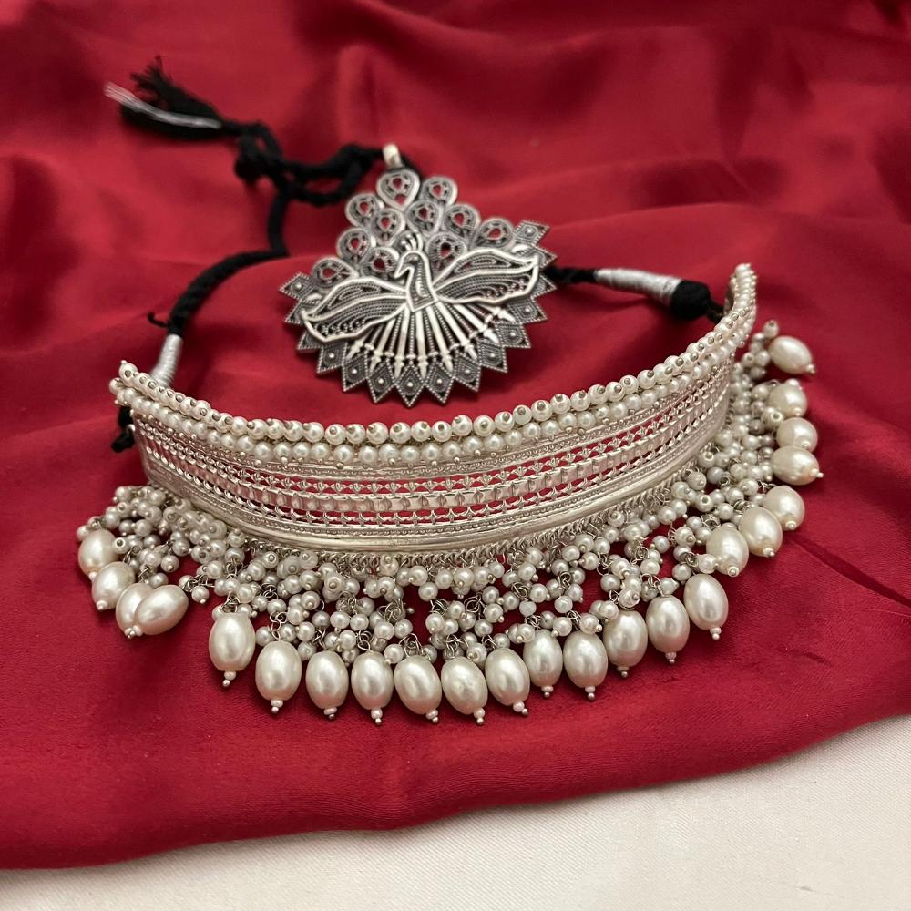 FS Collection Royal Oxidised Plated Beads And Pearl Choker Necklace Set