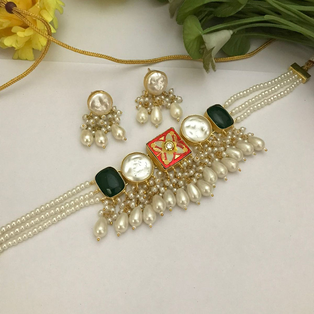 FS Collection Heritage Style Crystal Stone And Mother Of Pearl Choker Necklace Set
