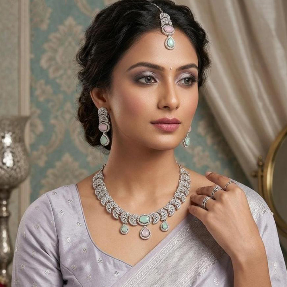 FS Collection Premium American Diamond Statement Necklace Set