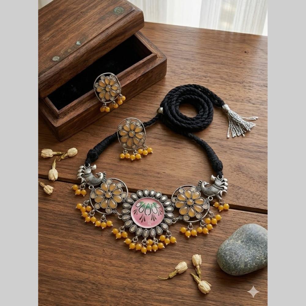 FS Collection Boho Oxidised Pota Stone And Beads Choker Necklace Set
