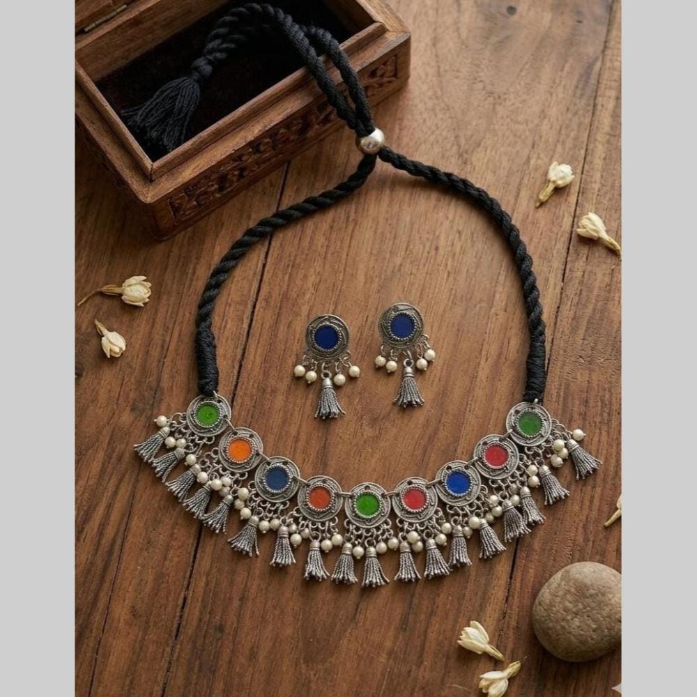 FS Collection Boho Oxidised Pota Stone And Pearl Choker Necklace Set