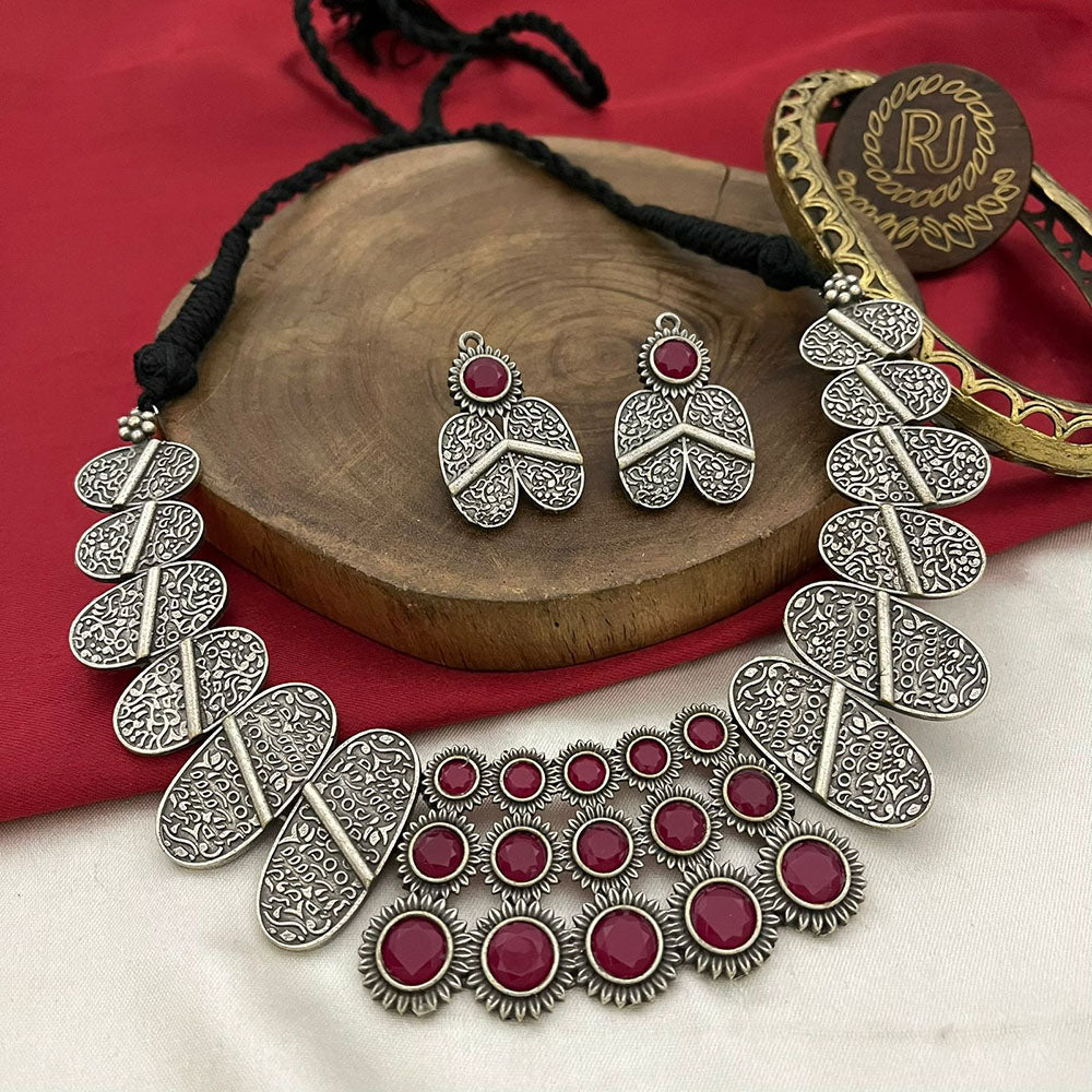 FS Collection Oxidised Plated Heritage Pota Stone Necklace Set