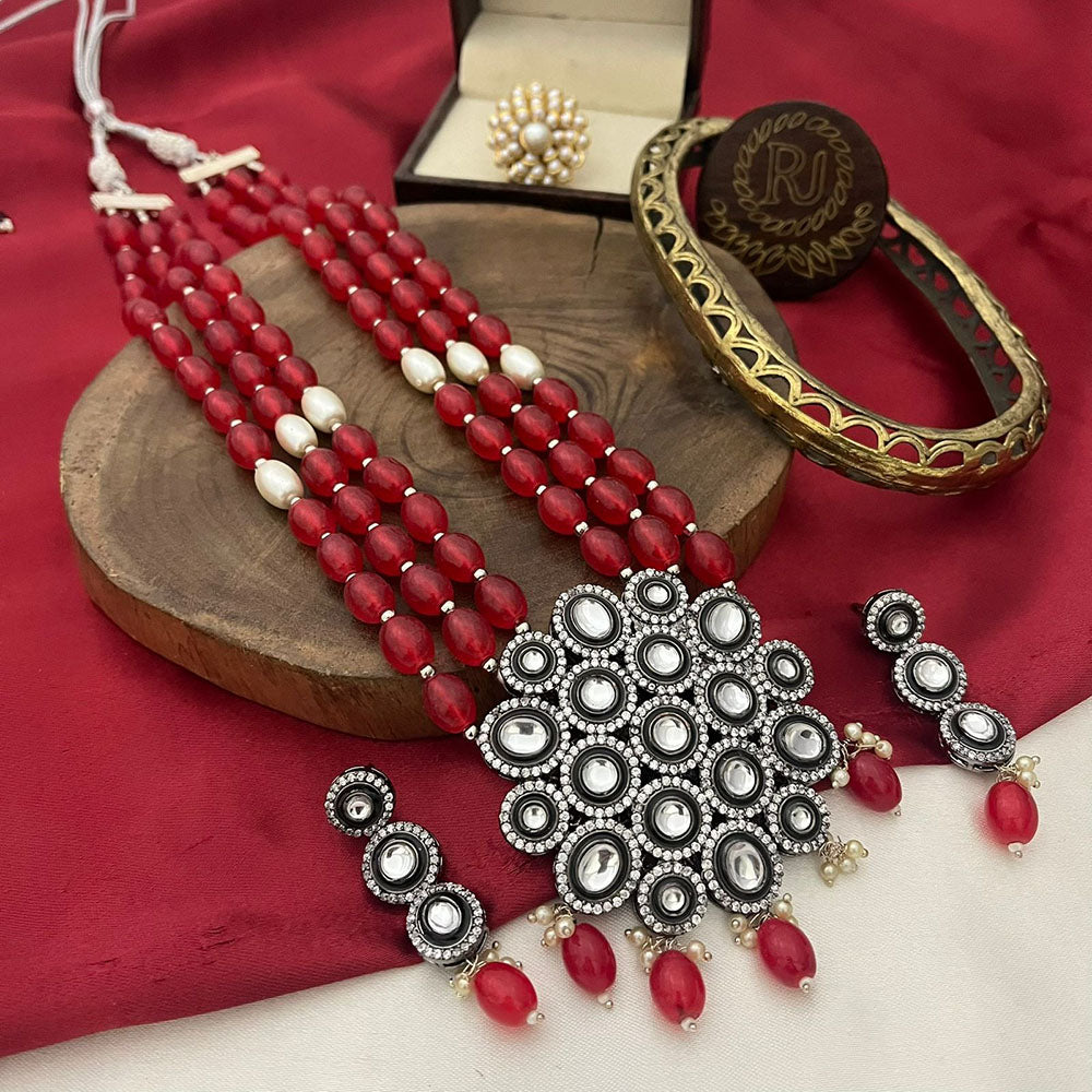 FS Collection Oxidised Plated Heritage Kundan Stone And Beads Necklace Set