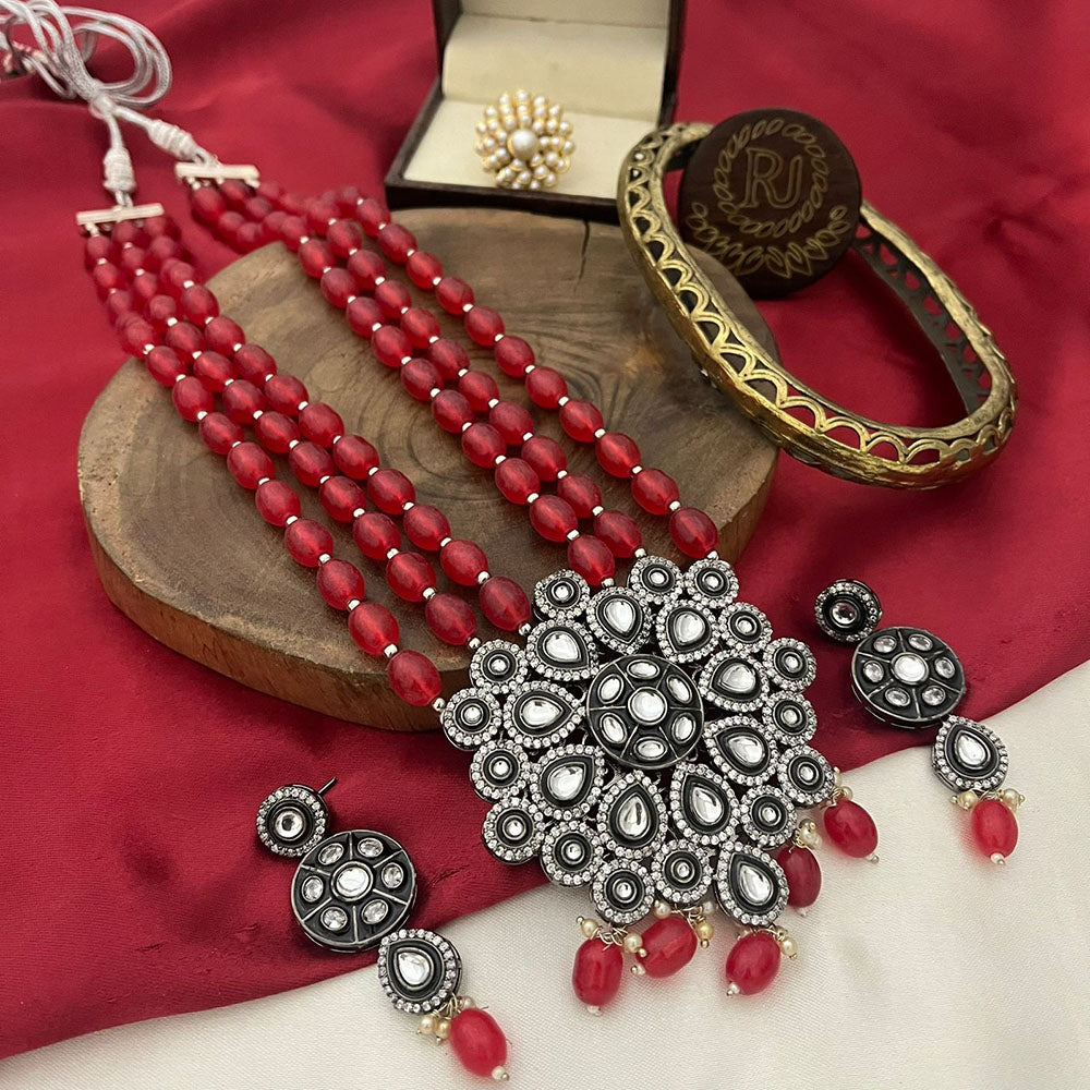 FS Collection Oxidised Plated Heritage Kundan Stone And Beads Necklace Set