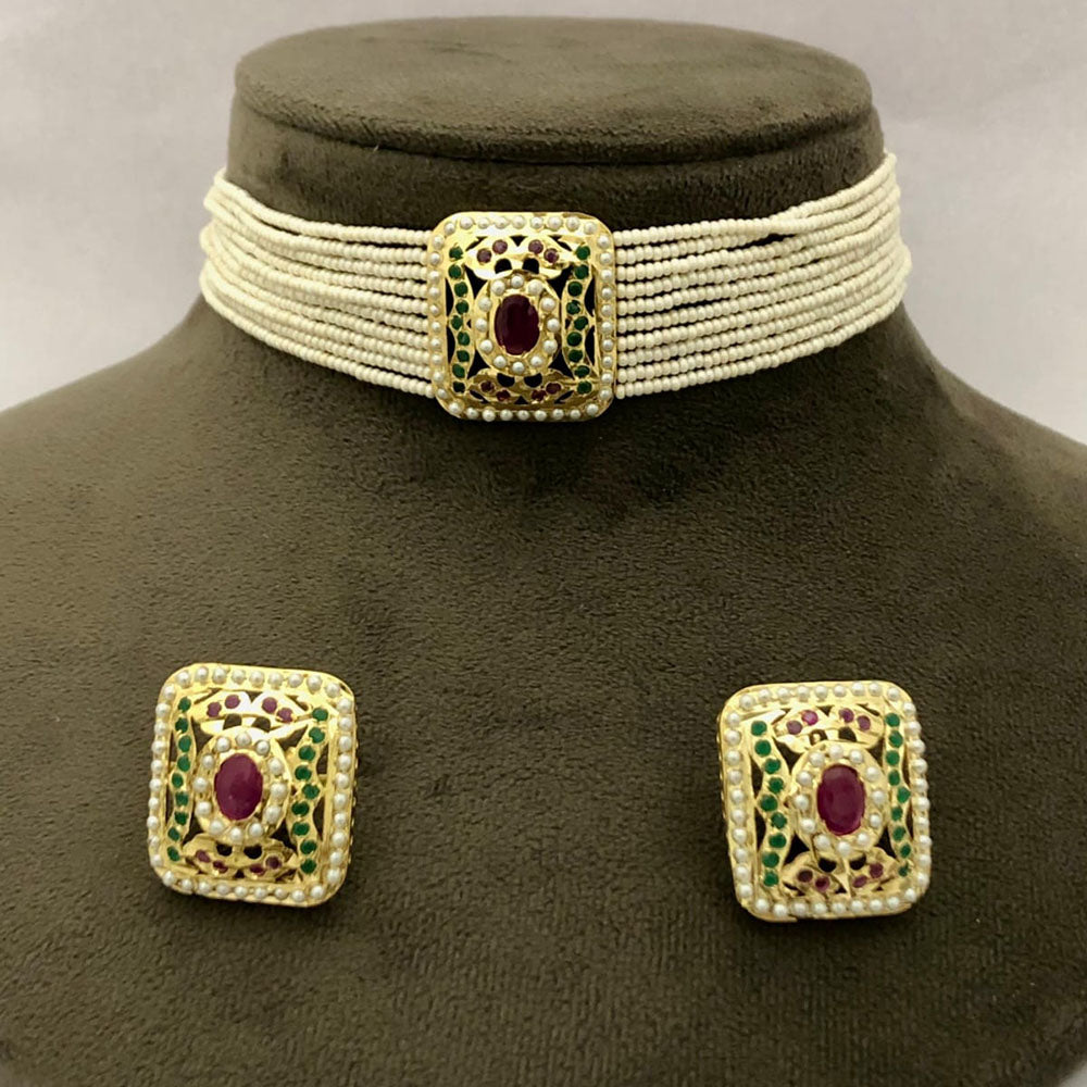 FS Collection Glamorous Pota Stone And Pearl Choker Necklace Set