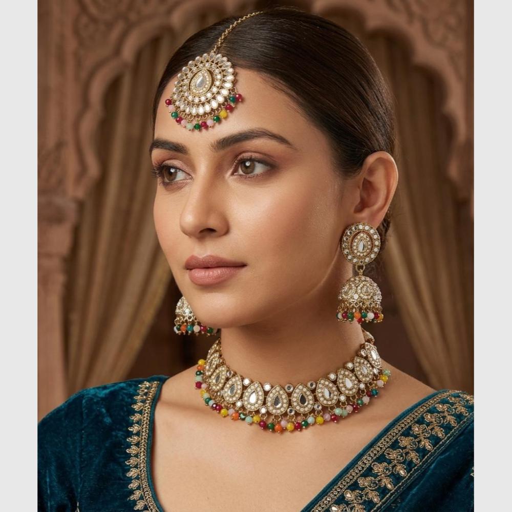 FS Collection Gold Plated Pearl & Mirror Choker Necklace Set