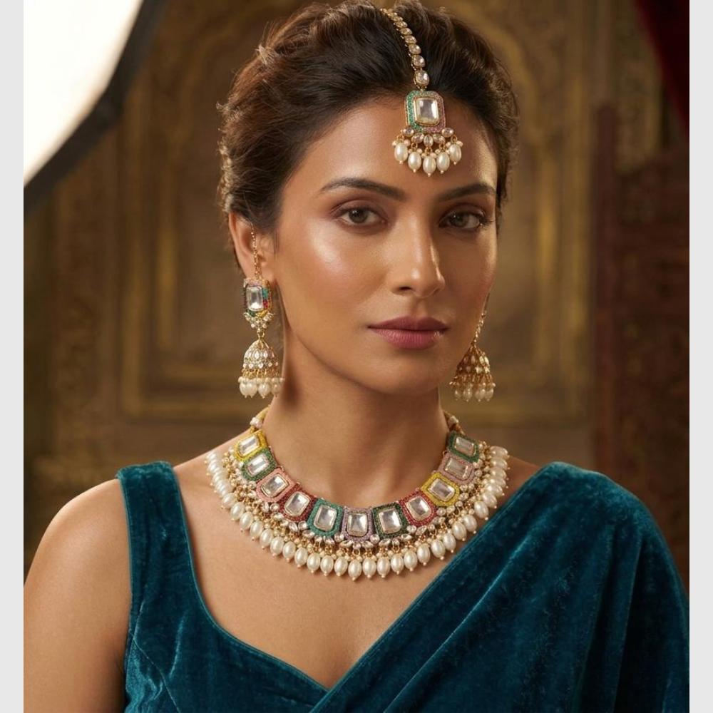 FS Collection Gold Plated Pota & Kundan Stone Choker Necklace Set