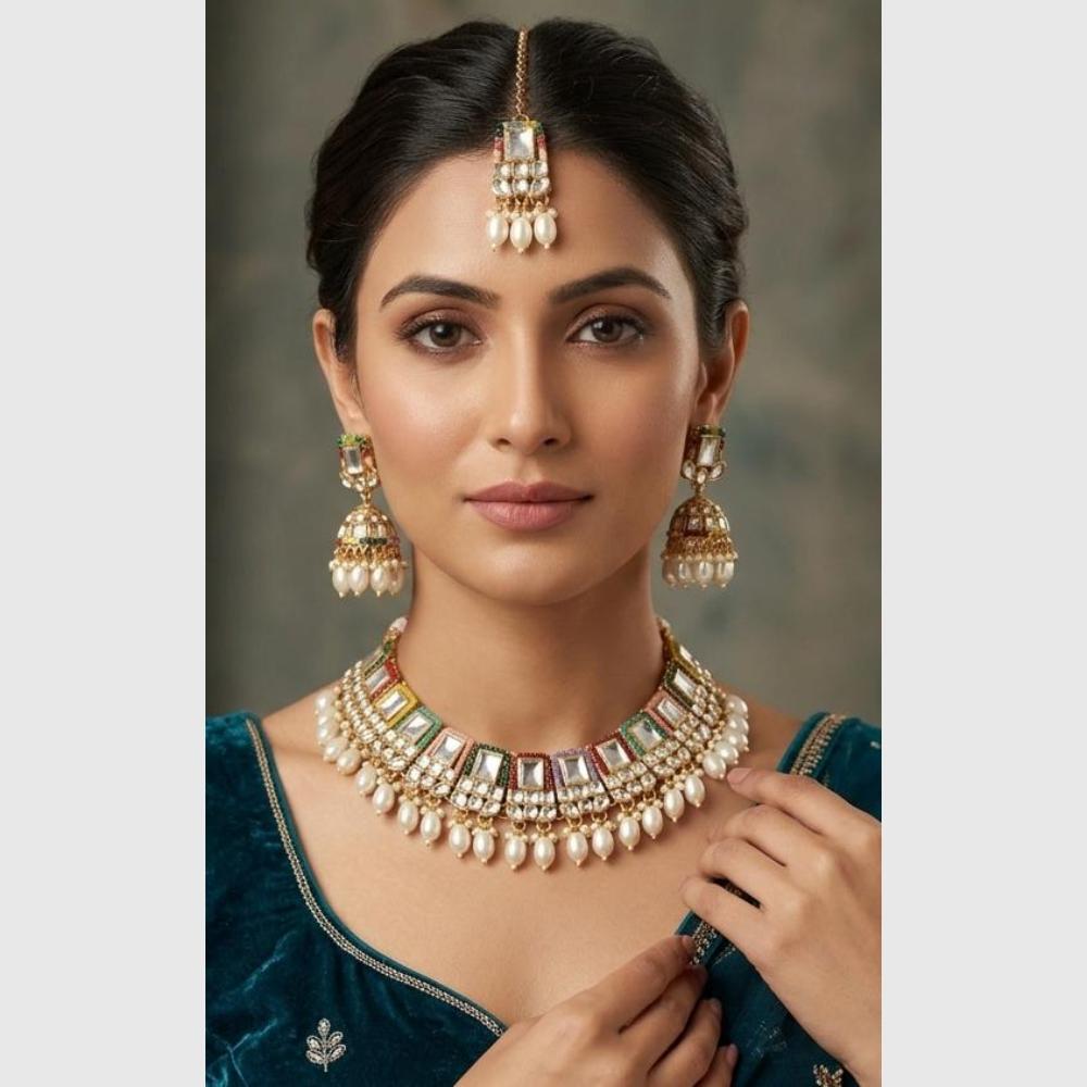 FS Collection Gold Plated Pota & Kundan Stone Choker Necklace Set