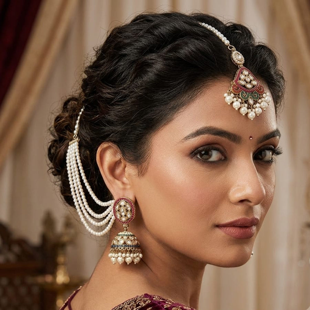 FS Collection Kundan Stone And Pearl Designer Jhumki Earrings With kanChain & Maang Tikka (Copy)