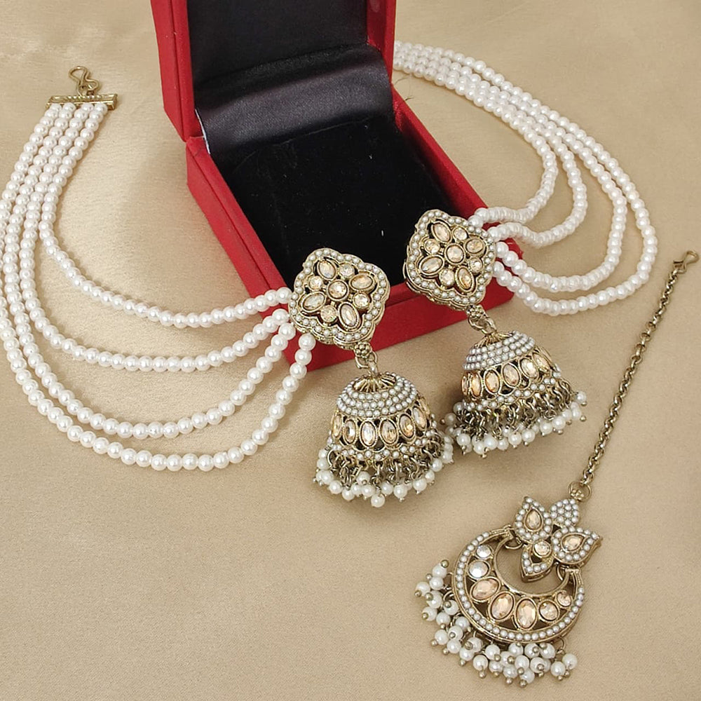 FS Collection Crystal Stone And Pearl Designer Jhumki Earrings With kan Chain & Maang Tikka