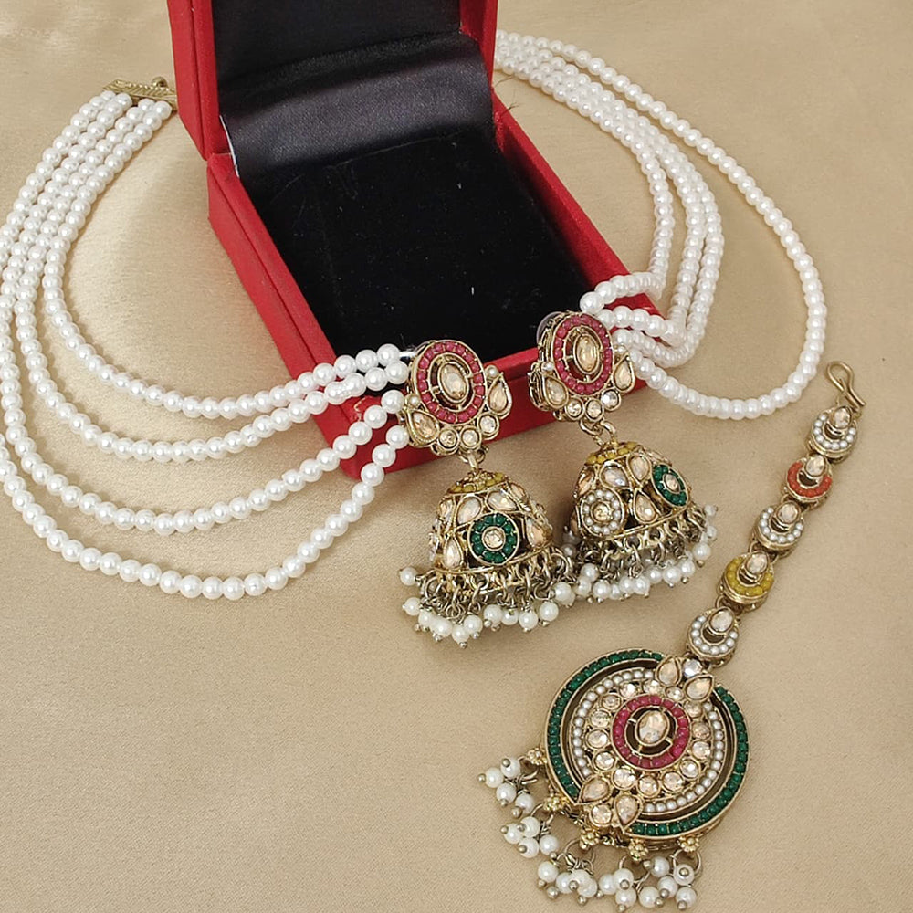 FS Collection Crystal Stone And Pearl Designer Jhumki Earrings With kan Chain & Maang Tikka