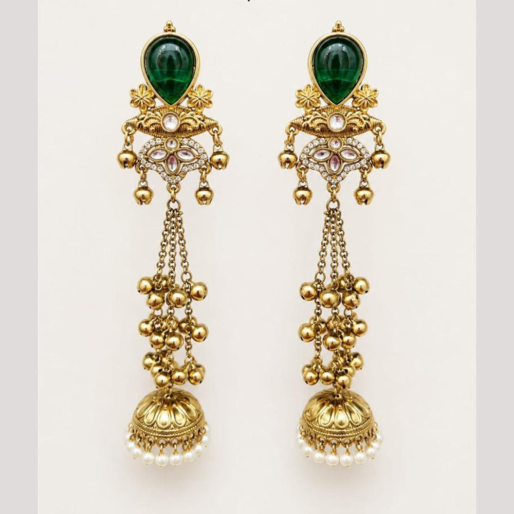 FS Collection Antique Style Pota Stone And Pearl Ghungroo Kashmiri Jhumki Earrings