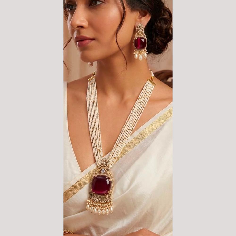 FS Collection Sparkling American Diamond And Pearl Long Necklace Set