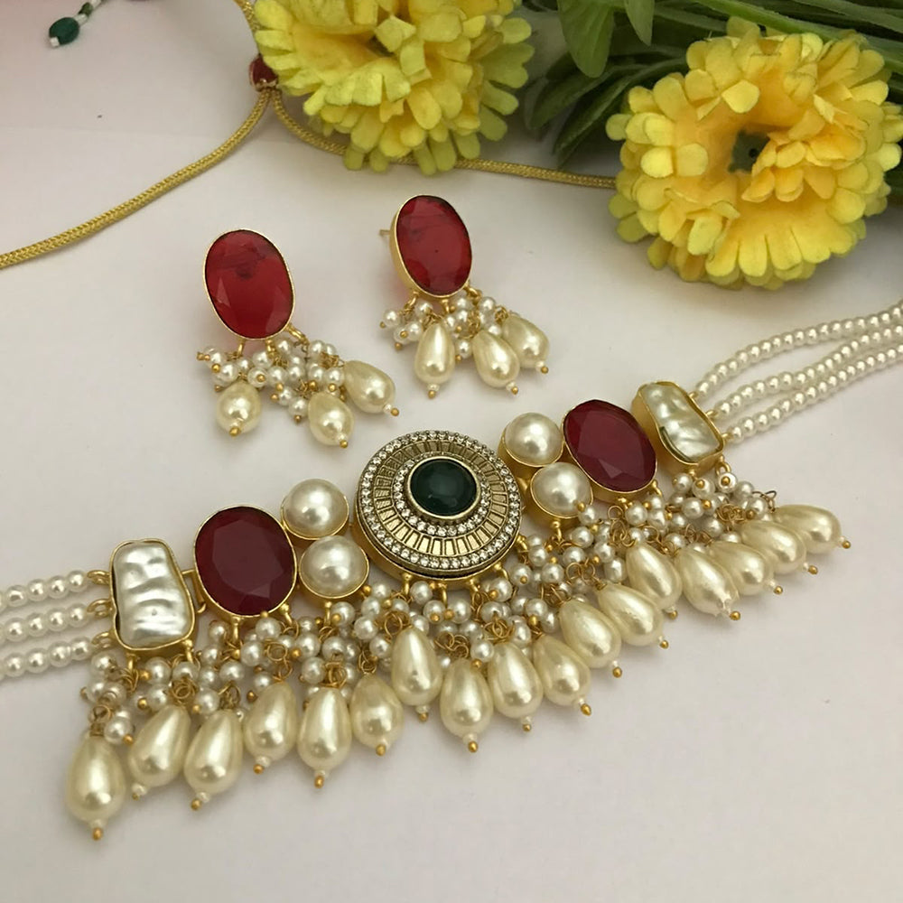 FS Collection Classic Pota Stone And Beaded Choker Necklace Set