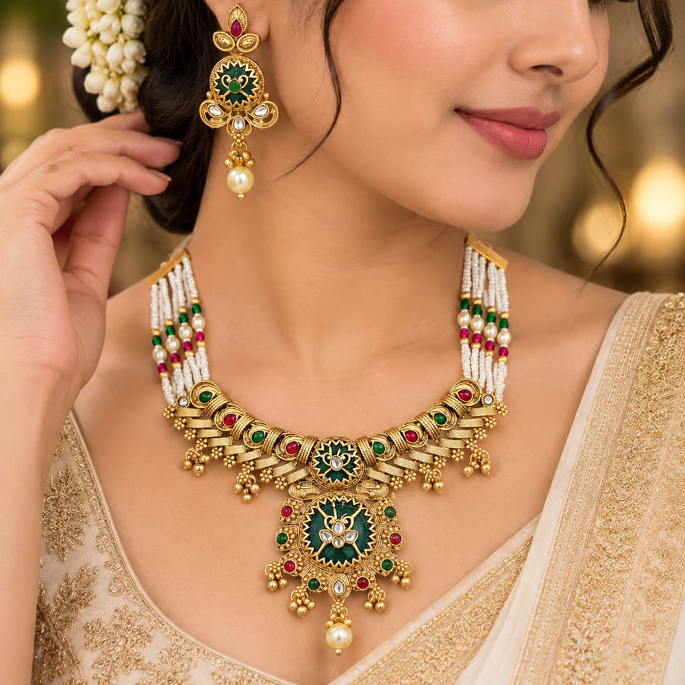 FS Collection Elegant Pota Stone Pearl And Beads Necklace Set