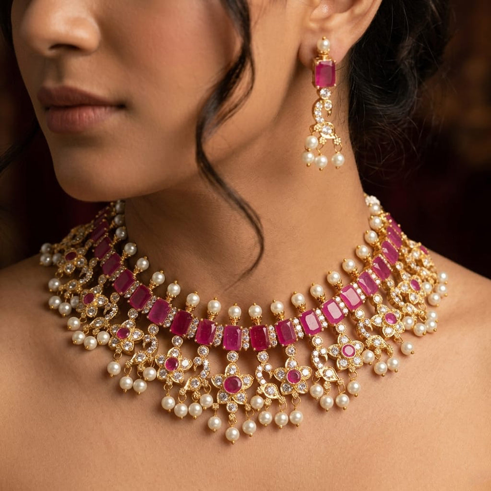FS Collection Premium Pota Stone And Pearl Choker Necklace Set