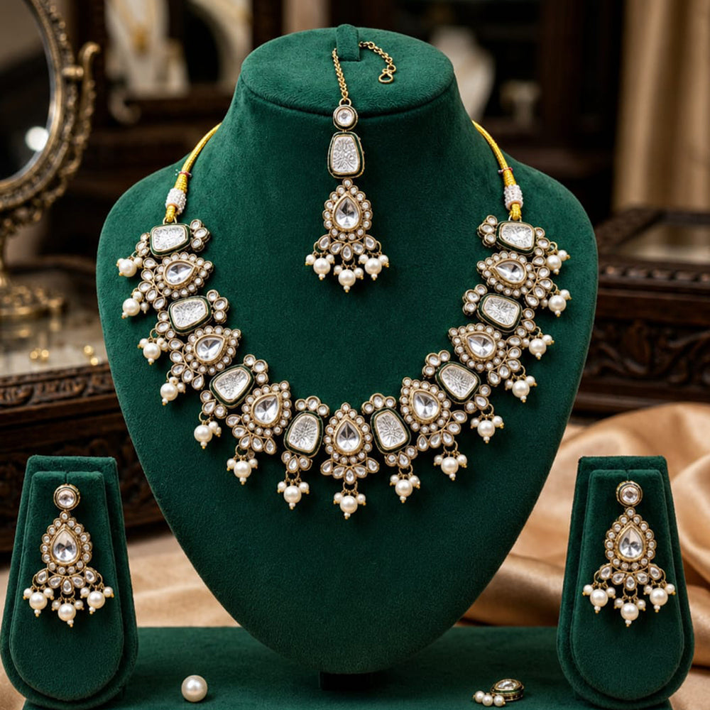 FS Collection Elegant Kundan Stone And Beads Necklace Set