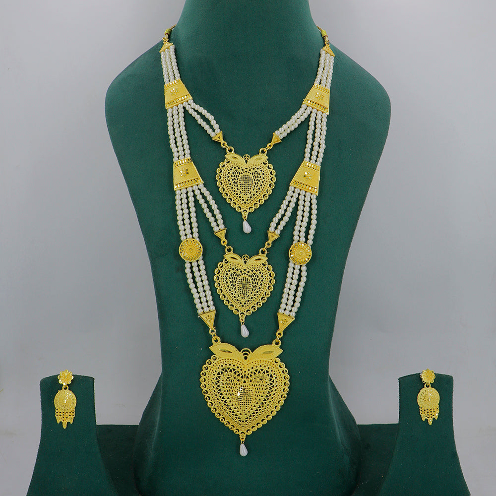 Mahavir Dye Gold Plated Multi Layer Pearl Long Necklace Set