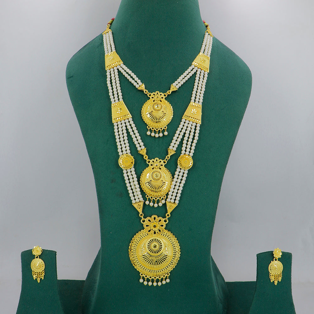 Mahavir Dye Gold Plated Multi Layer Pearl Long Necklace Set