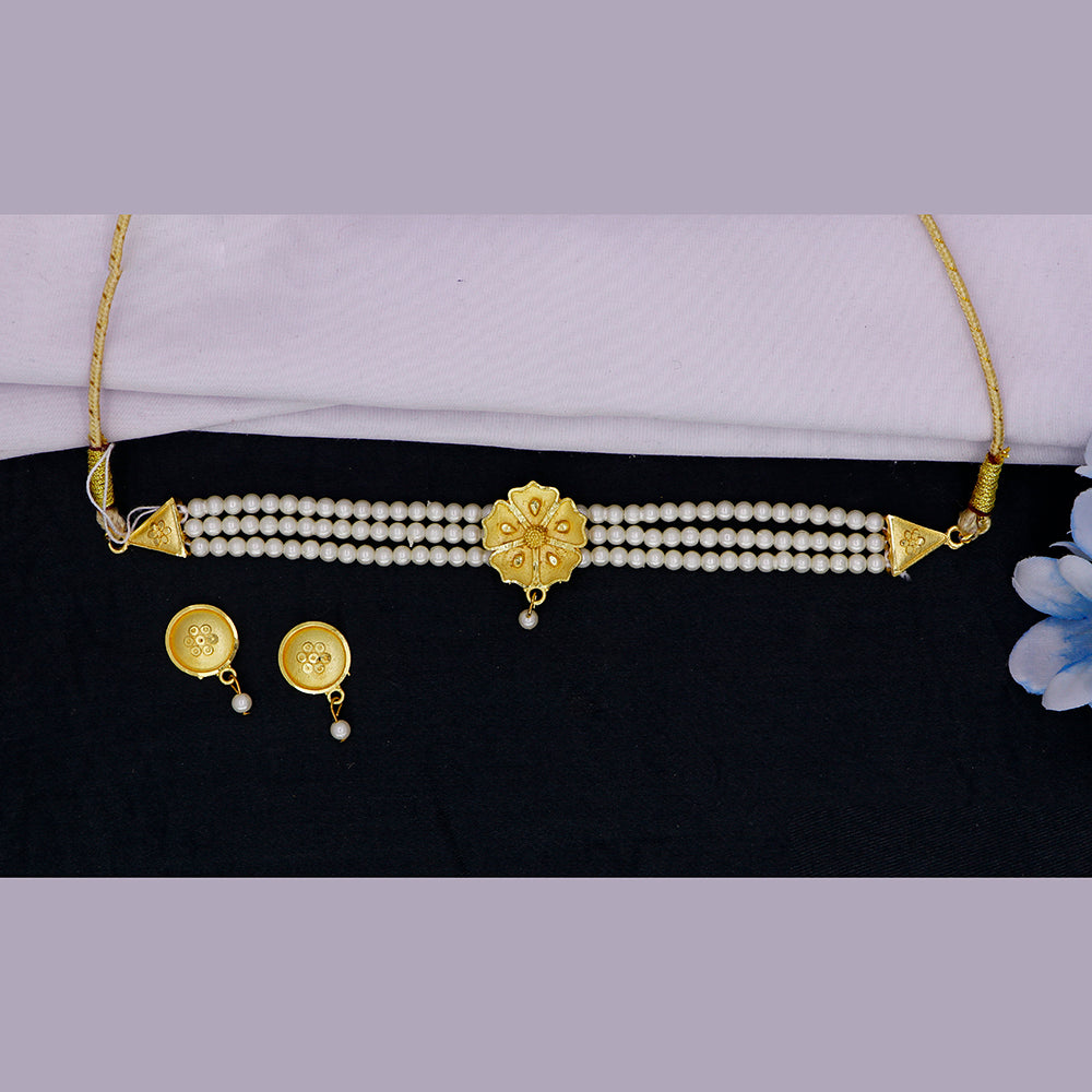 Mahavir Gold Plated Pearl Choker Necklace Set