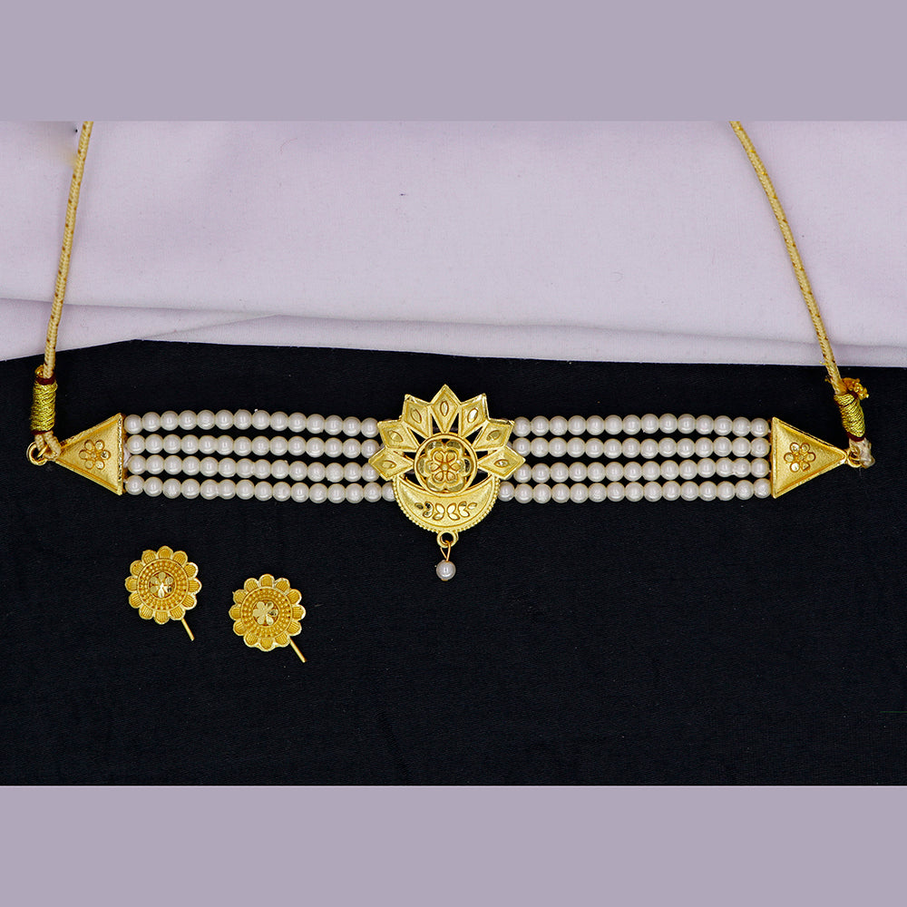 Mahavir Gold Plated Pearl Choker Necklace Set