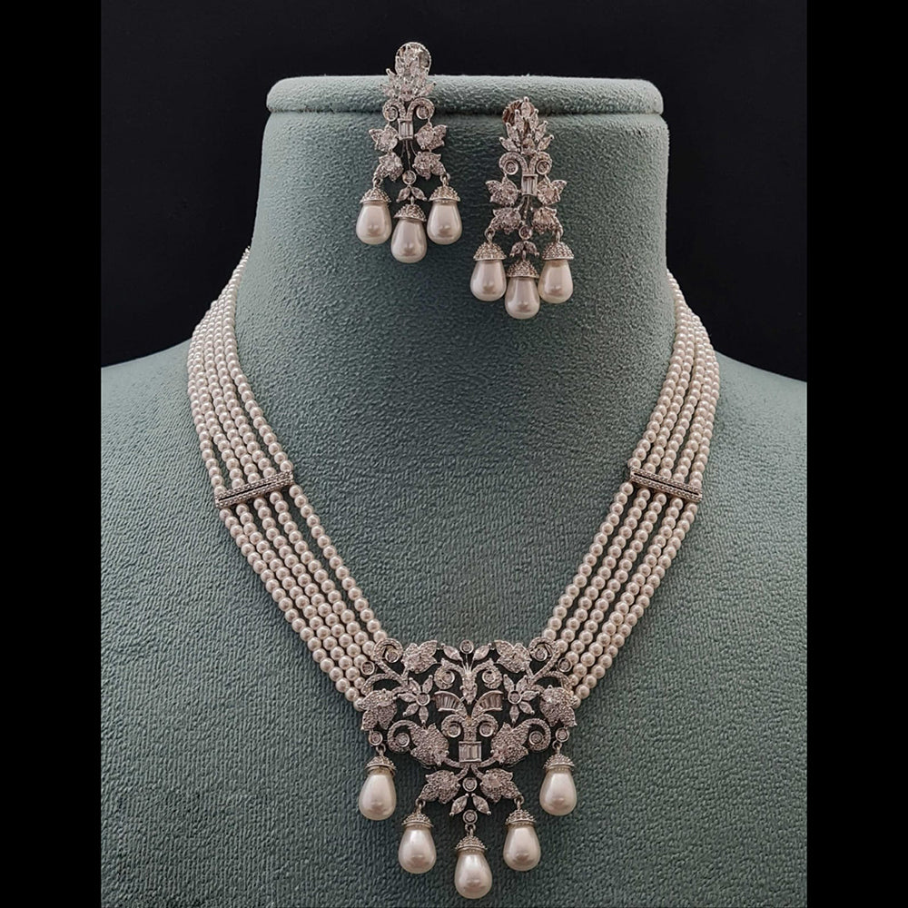 Vivah Creations Silver Plated American Diamond And Pearls Necklace Set