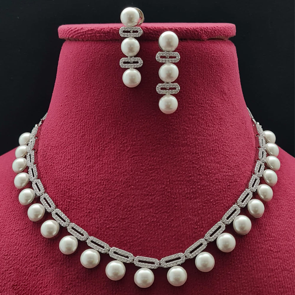 Vivah Creations Silver Plated American Diamond And Pearl Necklace Set