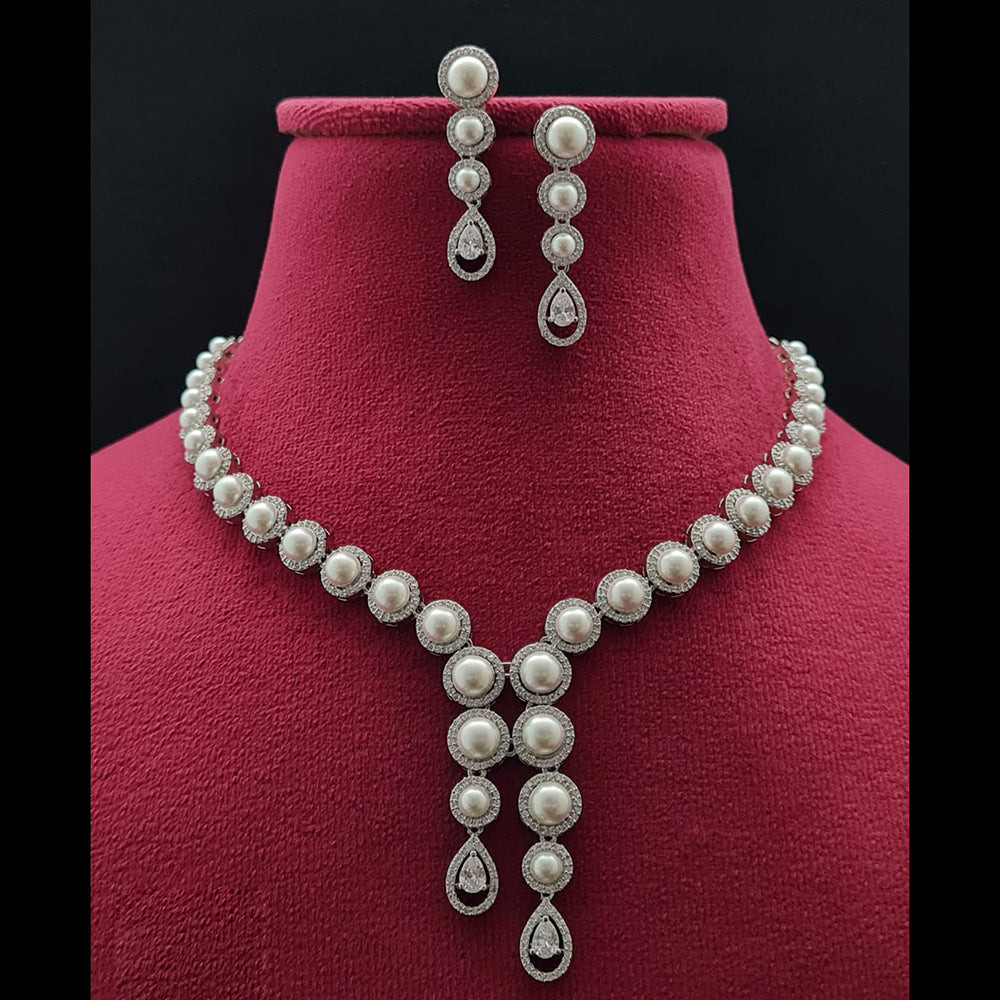 Vivah Creations Silver Plated American Diamond And Pearl Necklace Set
