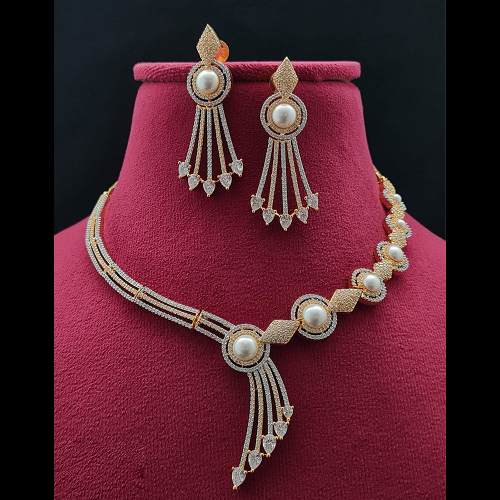 Vivah Creations 2 Tone Plated American Diamond And Pearl Necklace Set
