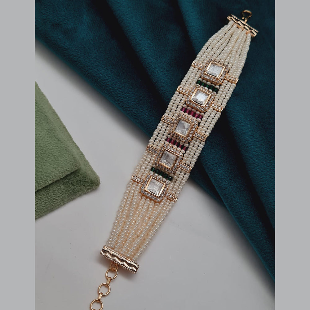 Vivah Creations Gold Plated Polki Kundan Stone And Pearl Adjustable Bracelet