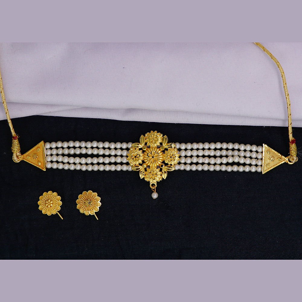 Mahavir Gold Plated Pearl Choker Necklace Set - Main Image