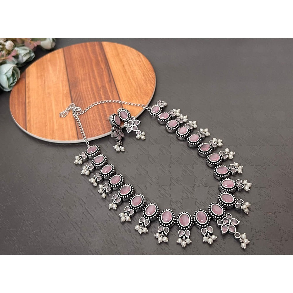 Akruti Collection Oxidised Plated Pota Stone Necklace Set