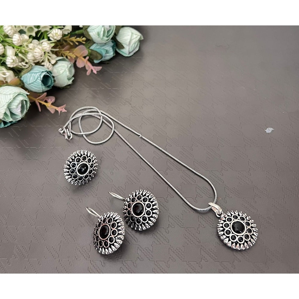 Akruti Collection Oxidised Plated Pota Stone Chain Pendant Set