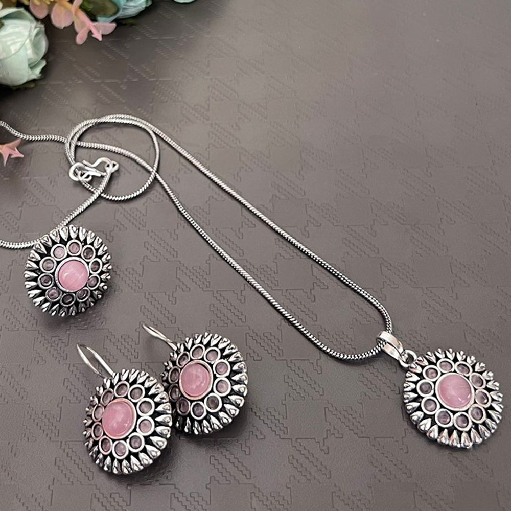 Akruti Collection Oxidised Plated Pota Stone Chain Pendant Set