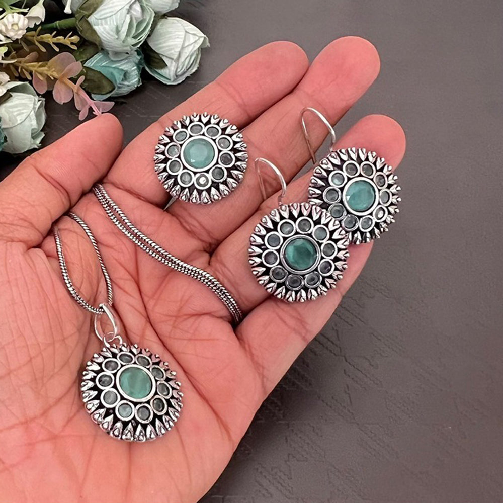 Akruti Collection Oxidised Plated Pota Stone Chain Pendant Set