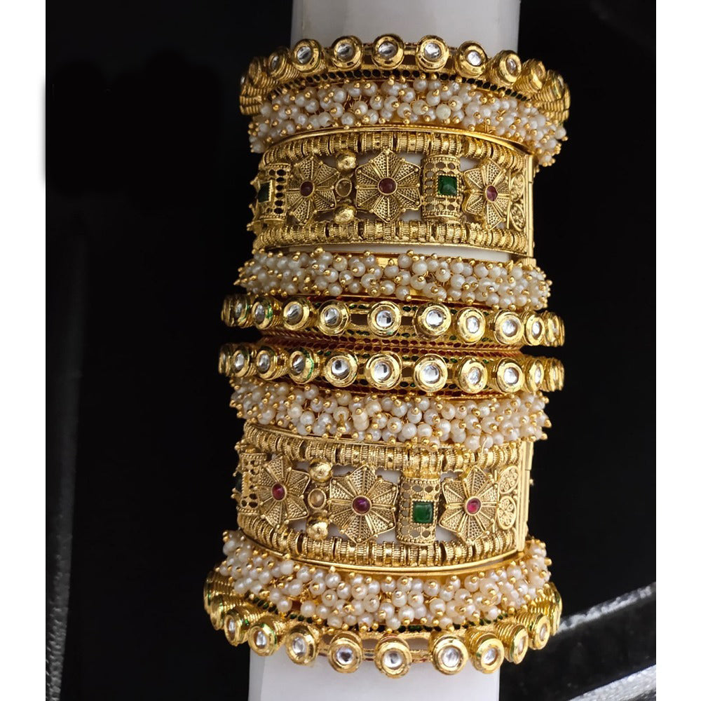 Akruti Collection Gold Plated Pearl And Kundan Bangle Set