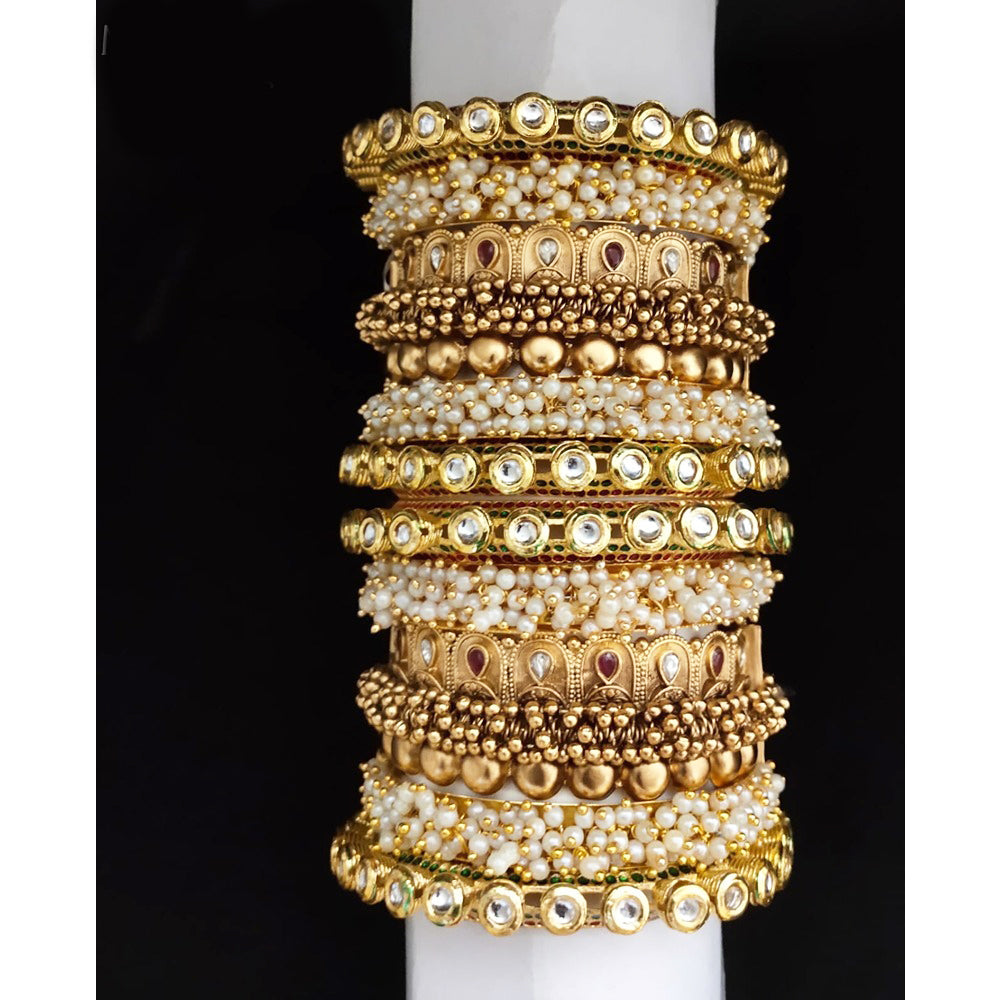 Akruti Collection Gold Plated Pearl And Kundan Bangle Set