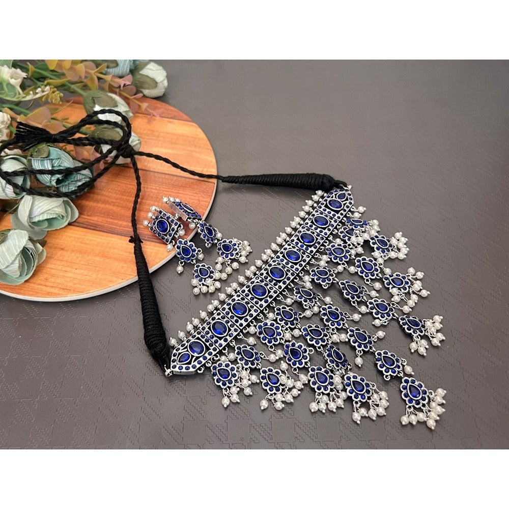 Akruti Collection Oxidised Plated Pota Stone Choker Necklace Set