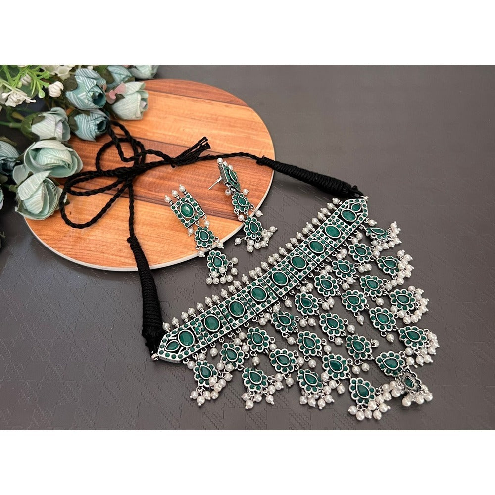 Akruti Collection Oxidised Plated Pota Stone Choker Necklace Set