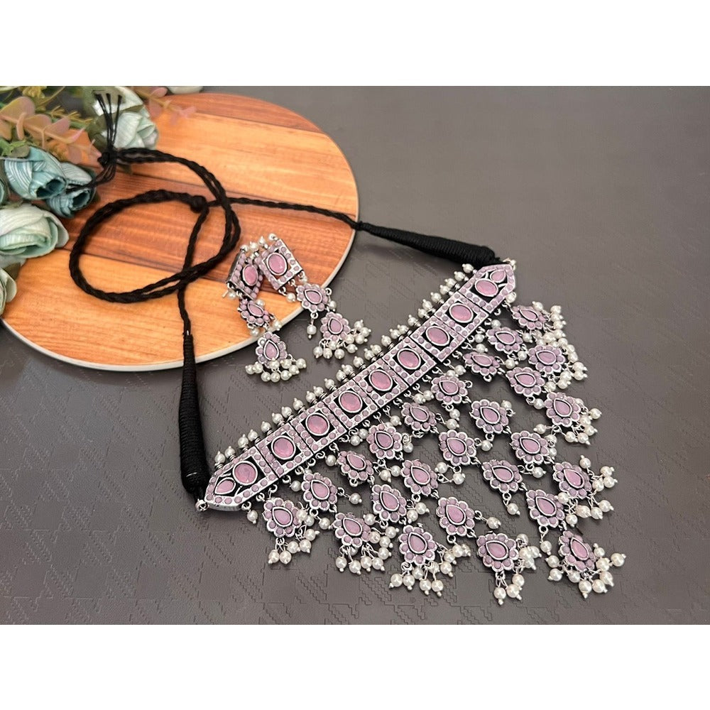 Akruti Collection Oxidised Plated Pota Stone Choker Necklace Set