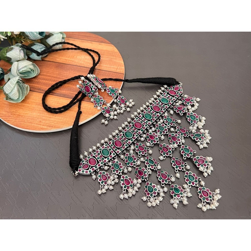 Akruti Collection Oxidised Plated Pota Stone Choker Necklace Set
