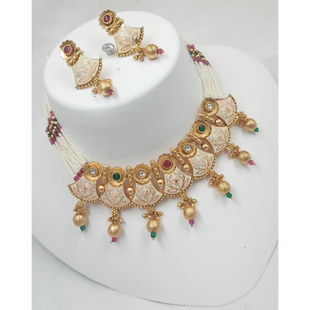 Akruti Collection Gold Plated Meenakari Pearls Choker Necklace Set