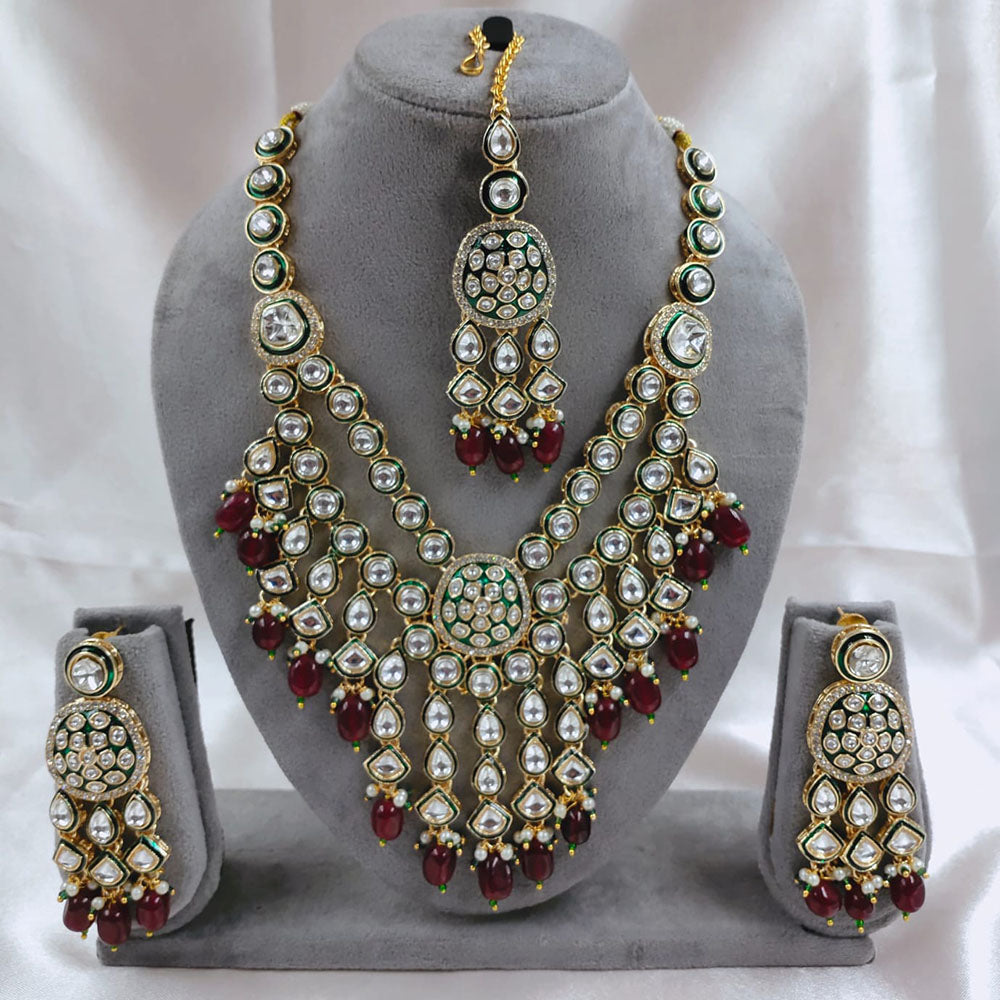 Akruti Collection Gold Plated Kundan Stone Beads And Pearls Meenakari Necklace Set