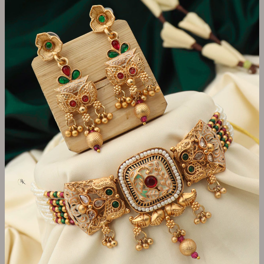 Akruti Collection Gold Plated Pota Stone And Pearls Meenakari Choker Necklace Set