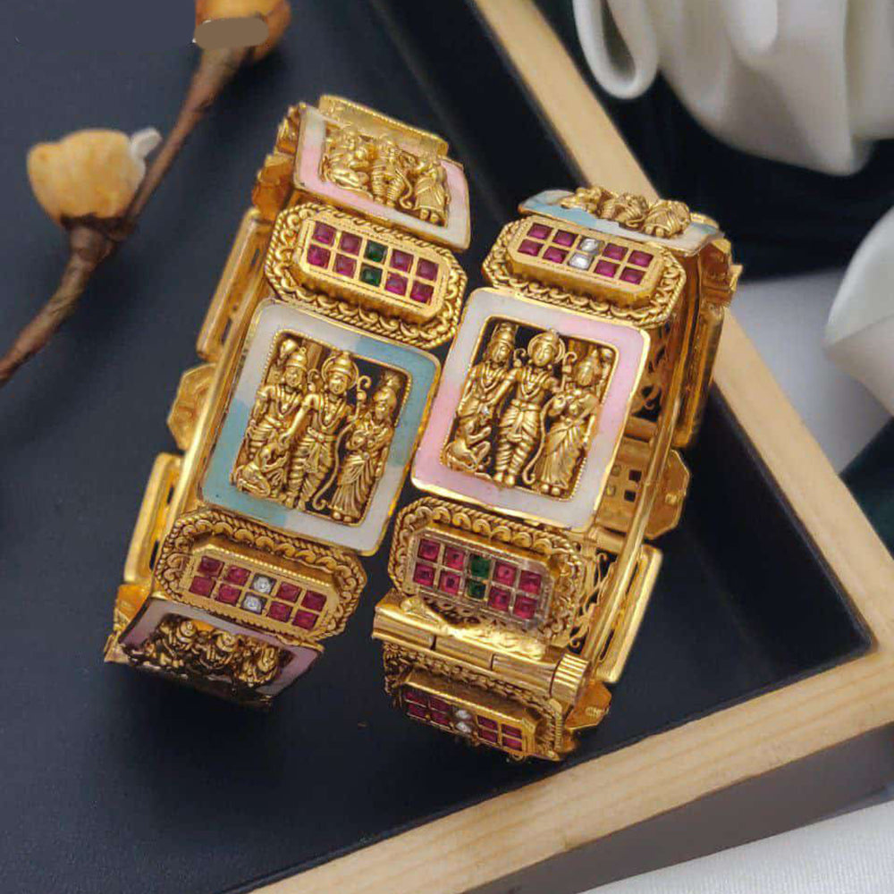 Akruti Collection Gold Plated Pota Stone And Meenakari Temple Openable Bangles Set
