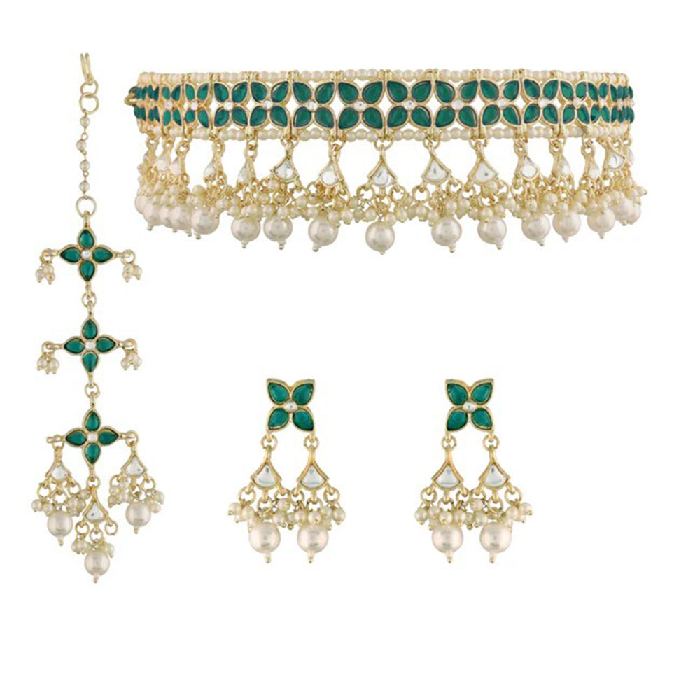 Akruti Collection Gold Plated Pota Stone And Pearl Necklace Set