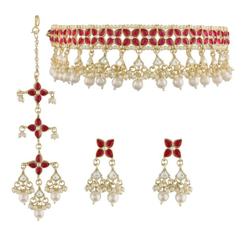 Akruti Collection Gold Plated Pota Stone And Pearl Necklace Set