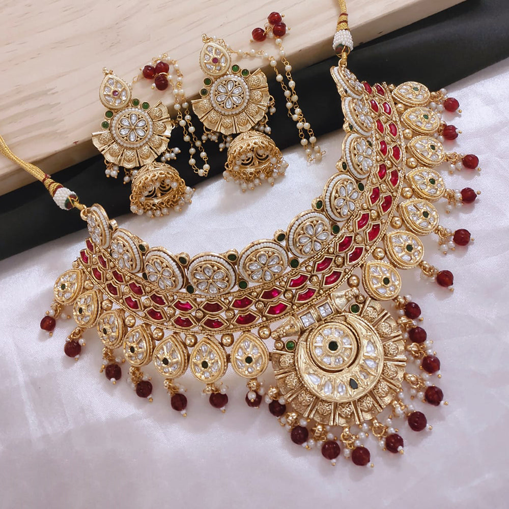 Akruti Collection Gold Plated Kundan Stone And Beads Choker Necklace Set