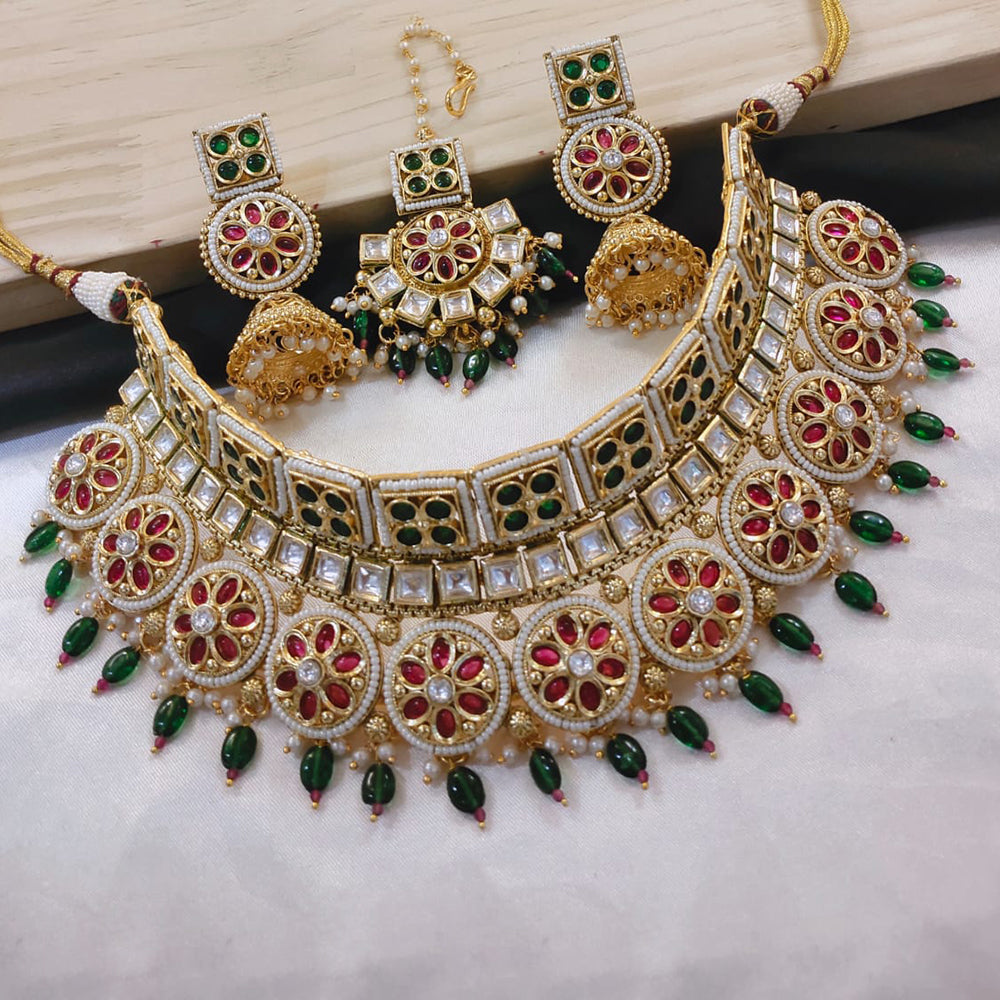 Akruti Collection Gold Plated Kundan Stone And Beads Choker Necklace Set
