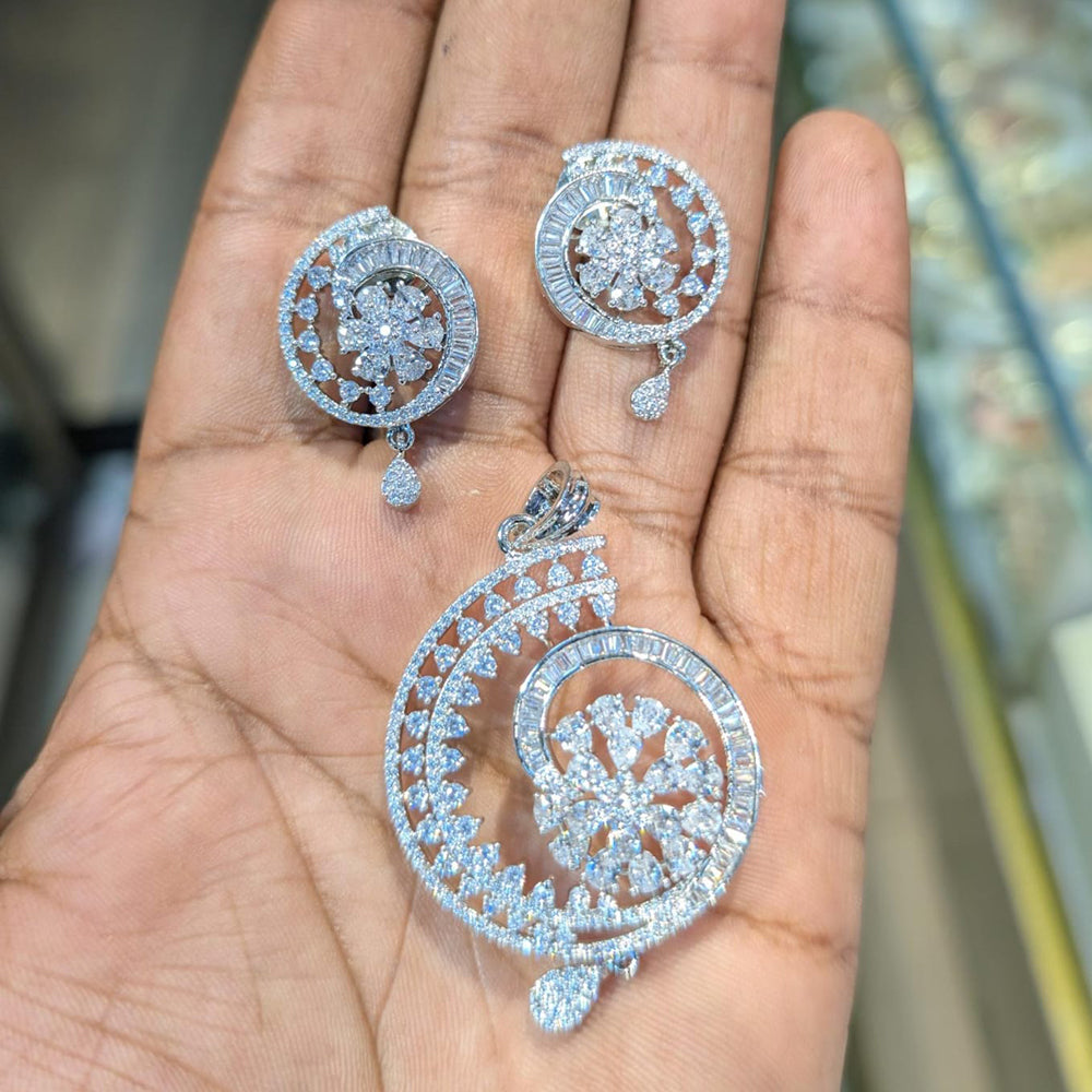 Akruti Collection Silver Plated AD Pendant Set